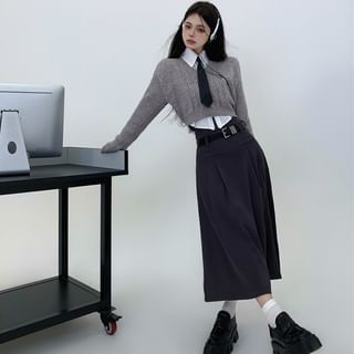 Long-Sleeve Plain Shirt / Crew Neck Crop Sweater / Low Rise Midi A-Line Skirt