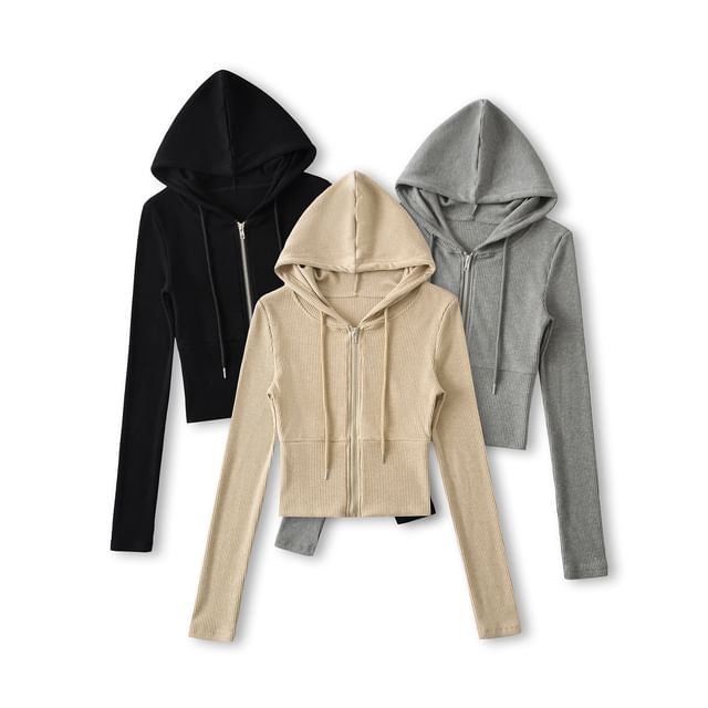 Asiris-Drawstring Hooded Ribbed Crop Zip Cardigan