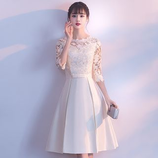 Wonhi - Lace Panel Elbow-Sleeve A-Line Cocktail Dress | YesStyle