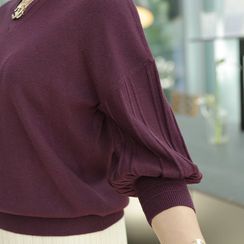 Lemite - V-Neck Ribbed Balloon-Sleeve Knit Top Lemite - V-Neck Ribbed Balloon-Sleeve Knit Top
