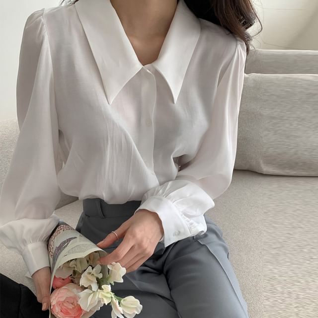 Alfie-Long-Sleeve Collared Plain Button-Up Blouse