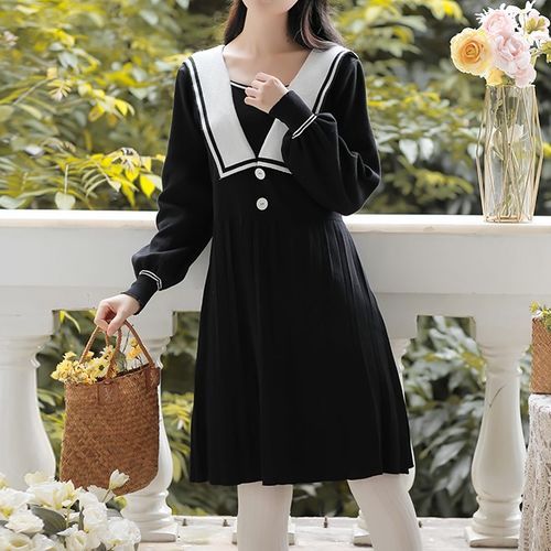 Sweetfern - Long-Sleeve Sailor Collar Knit Mini A-Line Dress