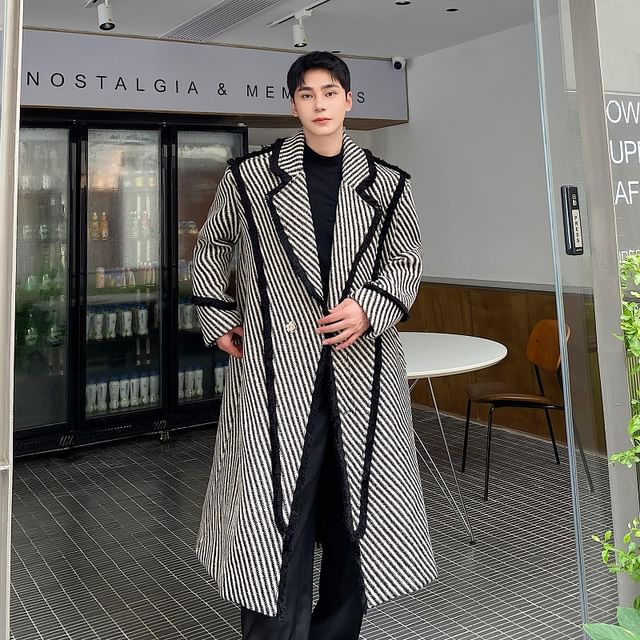 Orungeetun - Long-Sleeve Contrast Trim Striped Trench Coat | YesStyle