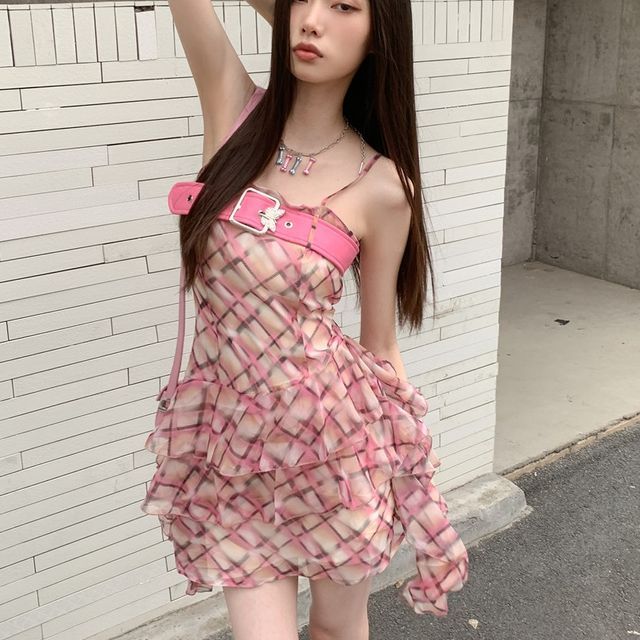 LINSI - Spaghetti Strap Plaid Mini Bodycon Dress
