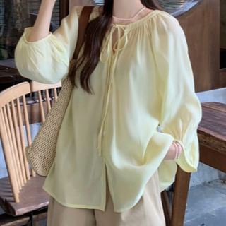 Ukiyo-34-Sleeve Notch Neck Tie Front Button-Up Plain Blouse