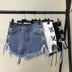 Megnolius - Frayed Lace Up Denim Hot Pants Megnolius - Frayed Lace Up Denim Hot Pants