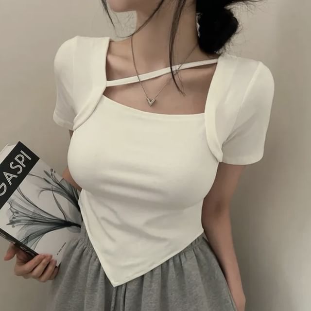 MIKIGA-Short-Sleeve Asymmetrical Plain Crop Top