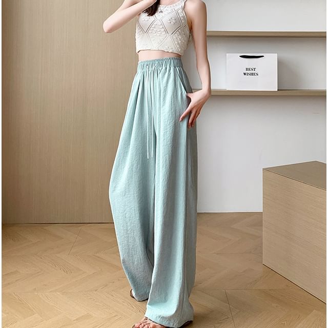 evanesce-High Rise Plain Drawstring Wide Leg Sweatpants