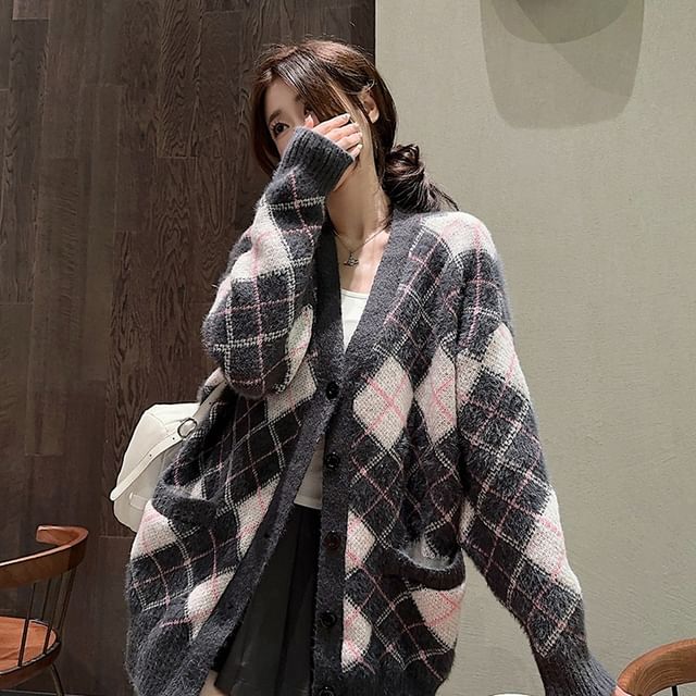 Porstina-V-Neck Argyle Oversized Cardigan