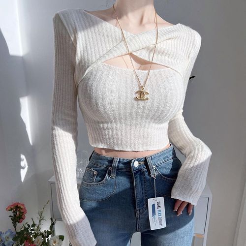 Shop For Ribbed Knit Long-Sleeve Crop Top