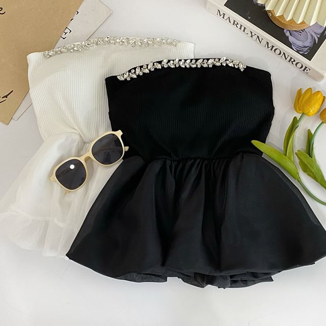 Iasia-Strapless Rhinestone Flowy Top