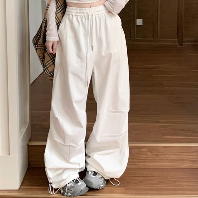 Beem-Drawstring Waist Plain Wide Leg Parachute Pants
