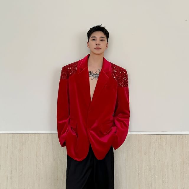 Patow-Lapel Collar Glitter Shoulder Velvet Button Blazer