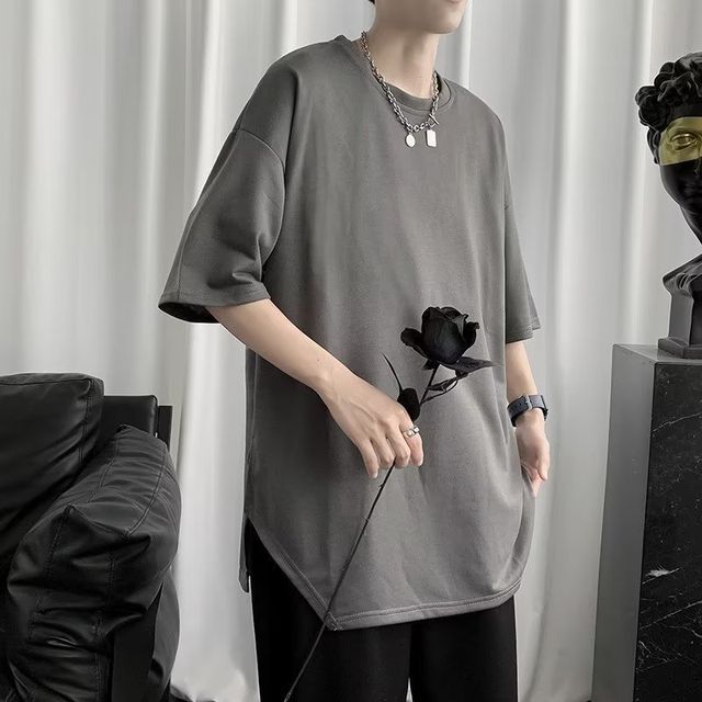 Wewewow-Elbow-Sleeve Crew Neck Plain T-Shirt