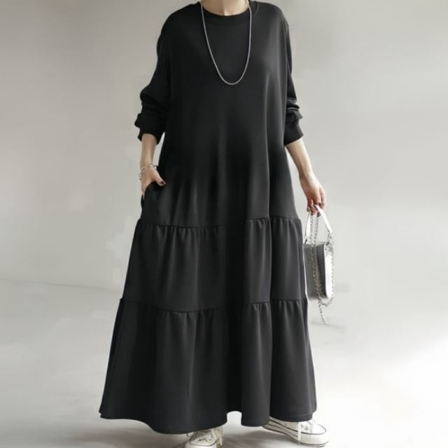 Inchioh - Crew Neck Plain Maxi Sweatshirt Dress | YesStyle