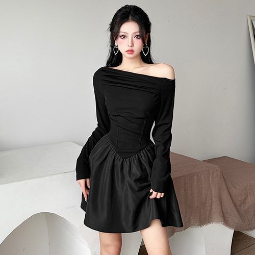 Bolibio - Long-Sleeve Off Shoulder Plain Rhinestone Mini Sheath Corset  Dress