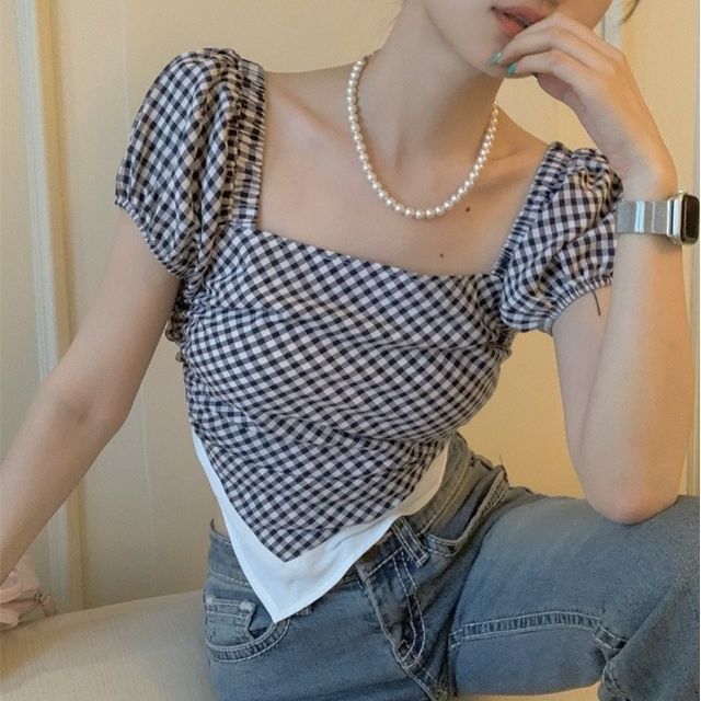 Odestra-Short-Sleeve Gingham Asymmetrical Cropped Blouse