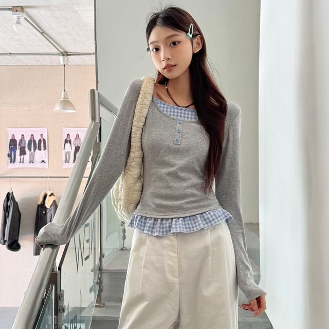 Shopherd-Mock Two-Piece Long-Sleeve Plaid Trim Top