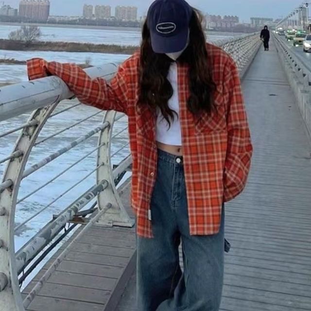 JVL-Long-Sleeve Plaid Button-Up Shirt