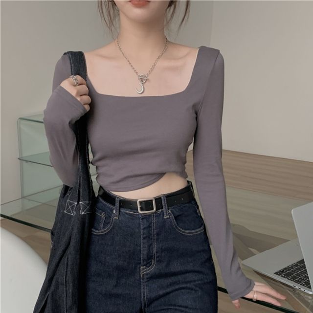 Hevnir-Square-Neck Plain Crop T-Shirt Various Designs