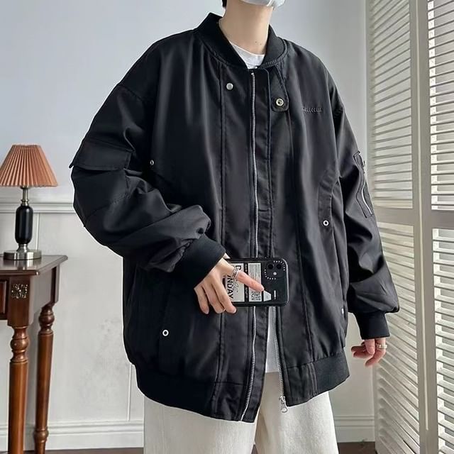Bay Go Mall-Plain Zip-Up Bomber Jacket
