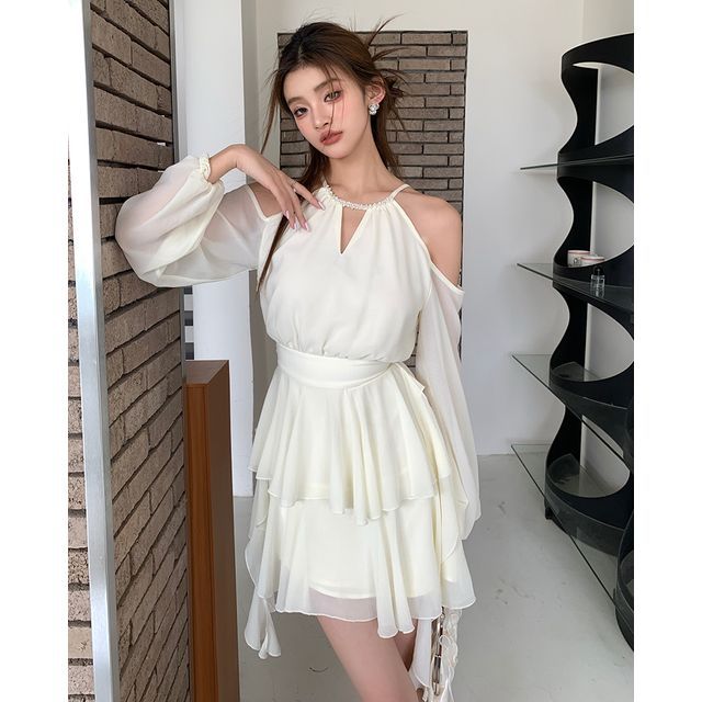 Long-Sleeve Cold Shoulder Plain Keyhole Ruffle Mini A-Line Dress Long-Sleeve Cold Shoulder Plain Keyhole Ruffle Mini A-Line Dress