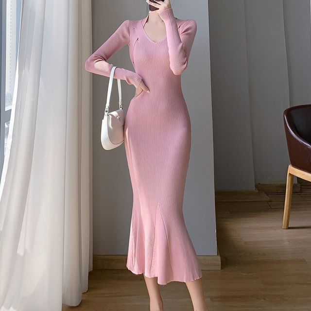 Aurora - Long-Sleeve Sweetheart-Neckline Plain Ribbed Midi Mermaid  