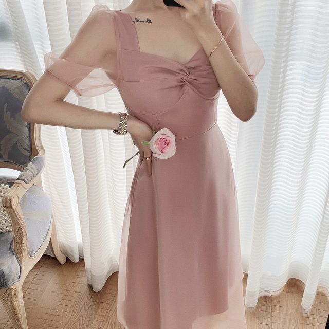 knee length dresses for ladies Farid Bandage Midi Dress With Chiffon - Baby Pink main image 1