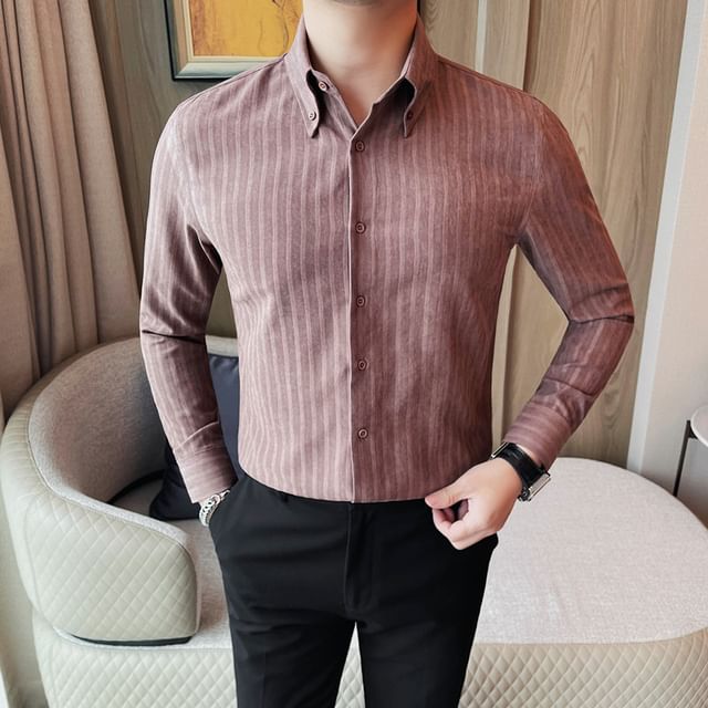 Lefitt-Long Sleeve Collared Striped Shirt