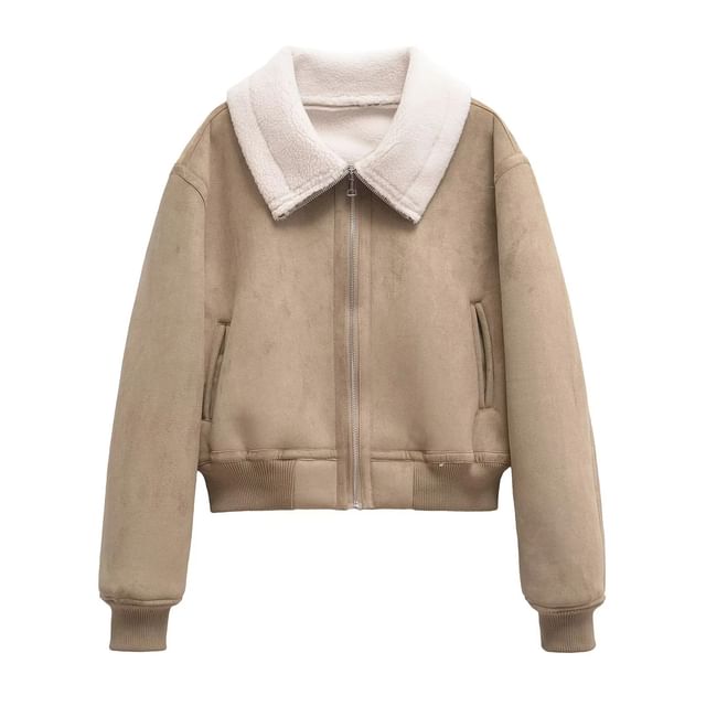 Asiris-Lapel Collar Faux Suede Zip Crop Bomber Jacket