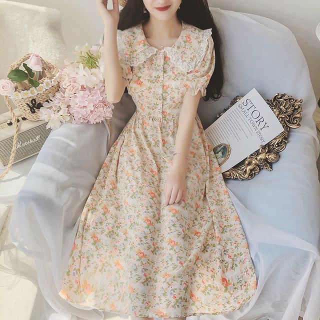 Moregirl - Lace Trim Collar Floral Short-Sleeve Midi A-Line Dress | YesStyle