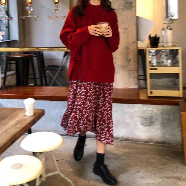 EFO - Floral Print Long Sleeve Chiffon Dress / Slit-Side Cable Knit Sweater  | YesStyle