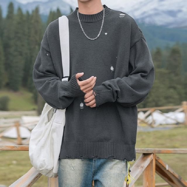 Really Point-Crew Neck Drop Shoulder Plain Distressed Oversized Sweater