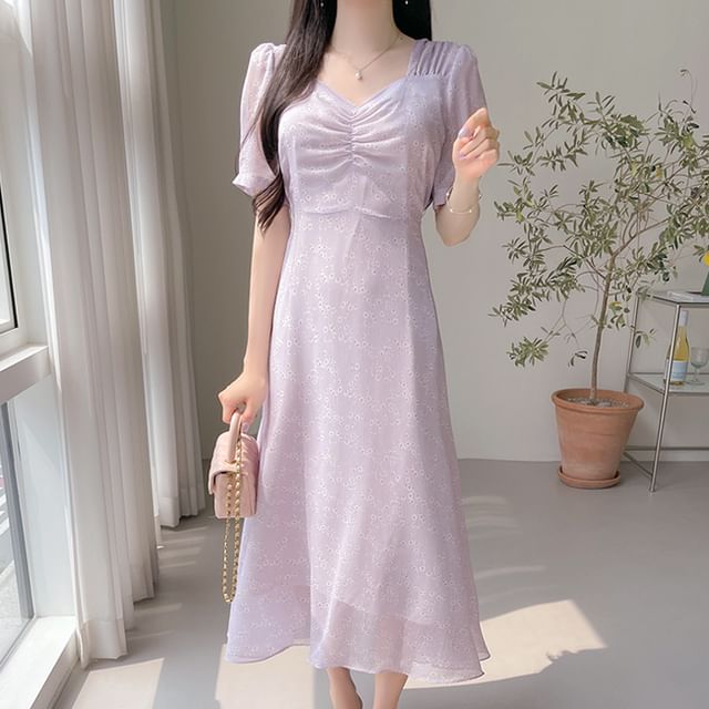 MyFiona - Shirred Long Floral Chiffon Dress | YesStyle