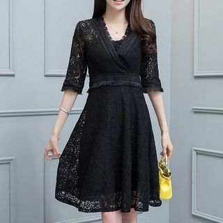 Yohana - Wrap Front Elbow Sleeve Lace Dress | YesStyle