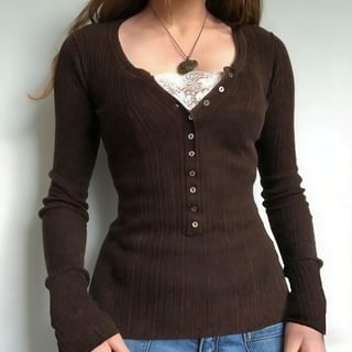 Long Sleeve Lace-Panel Ribbed-Knit Slim-Fit Top