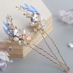 Kanzashi - 仿珍珠花朵及角发簪 Kanzashi - 仿珍珠花朵及角发簪