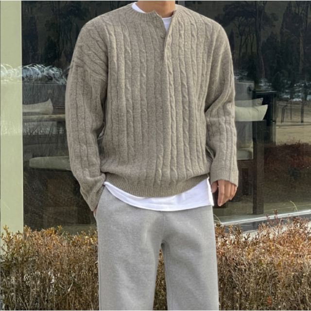 Omozando-Long-Sleeve Plain Henley Cable Knit Sweater
