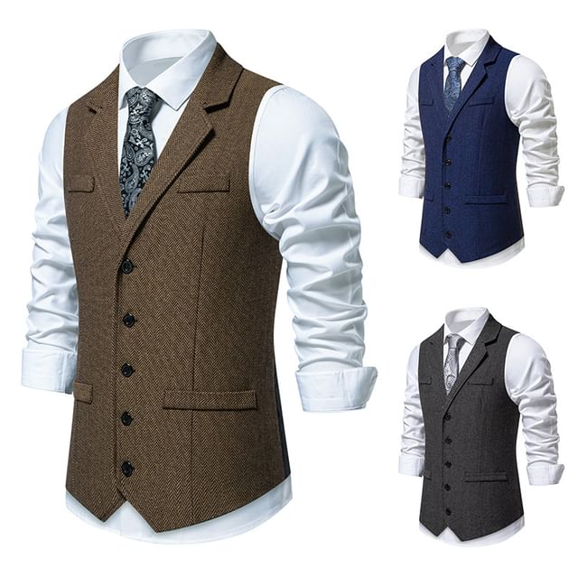 Sheck-Notch Lapel Herringbone Single-Breasted Vest