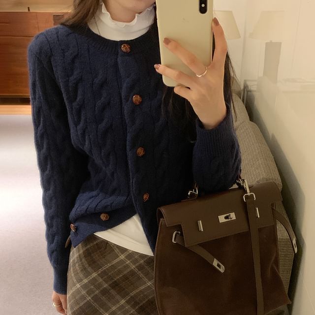 Asiris-Crew Neck Plain Cable Knit Button-Up Cardigan