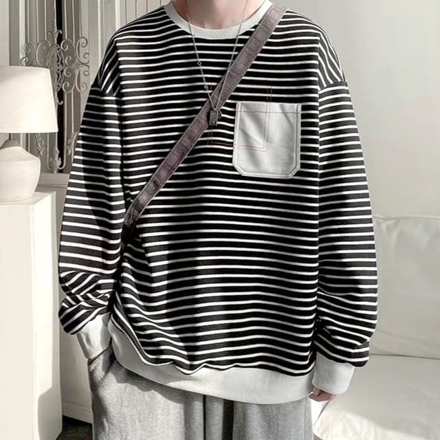 Urtishia-Round Neck Striped Sweatshirt