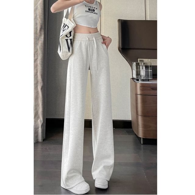 Dovitade-Drawstring Waist Plain Panel Straight Leg Sweatpants