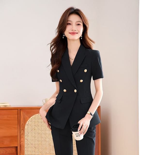Skyheart-Short-Sleeve Lapel Collar Plain Double Breasted Blazer High Waist Plain Dress Pants Mini Pencil Skirt Set