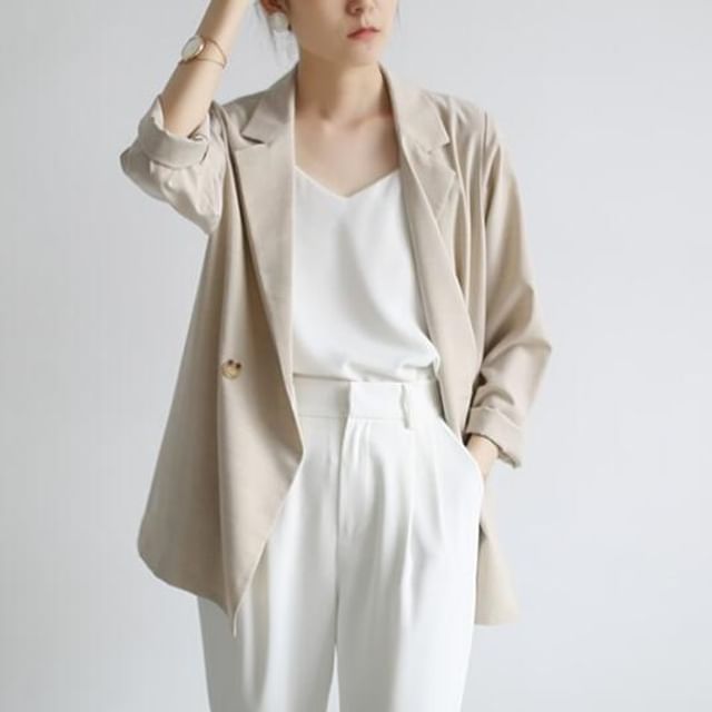 Lewwe-Notch Lapel Double-Breasted Plain Blazer