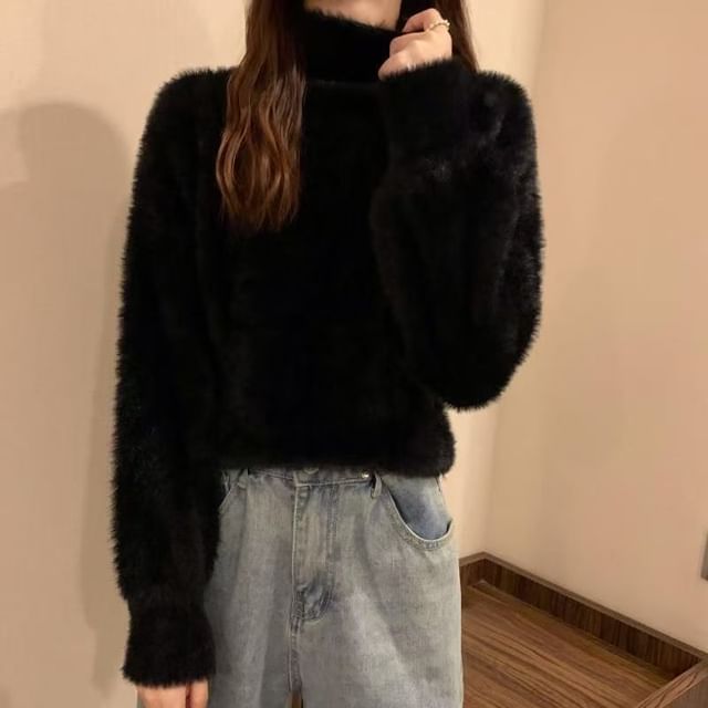 Everose-Turtleneck Plain Fluffy Sweater