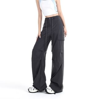 Rosesand-High Waist Plain Baggy Cargo Pants
