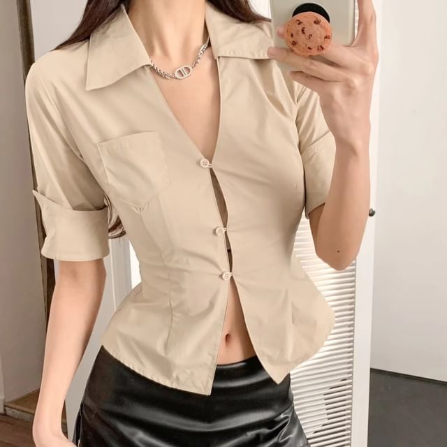 Asiris-Short Sleeve Collar V-Neck Plain Button Cropped Shirt