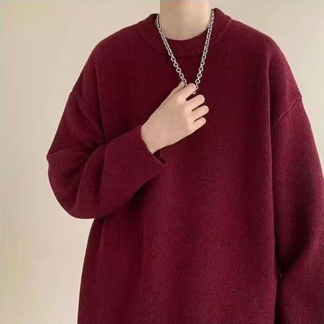DuckleBeam-Crew Neck Plain Oversized Sweater