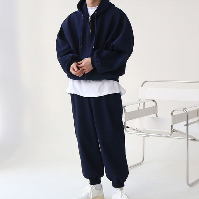 Okwano-Plain Zip Hoodie Drawstring Waist Harem Sweatpants