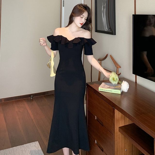 Aurora Short-Sleeve Off Shoulder Ruffle Plain Midi Mermaid Dress